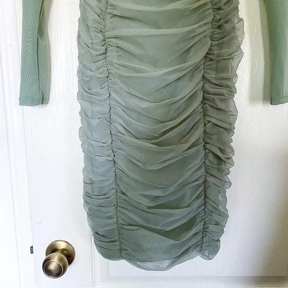 HOCB Dress Freyja Gathered Corset Ruched Satin Mesh Knee Green Small EUC HOCB Dress Freyja Gathered Corset Ruched Satin Mesh Knee Green Small EUC
